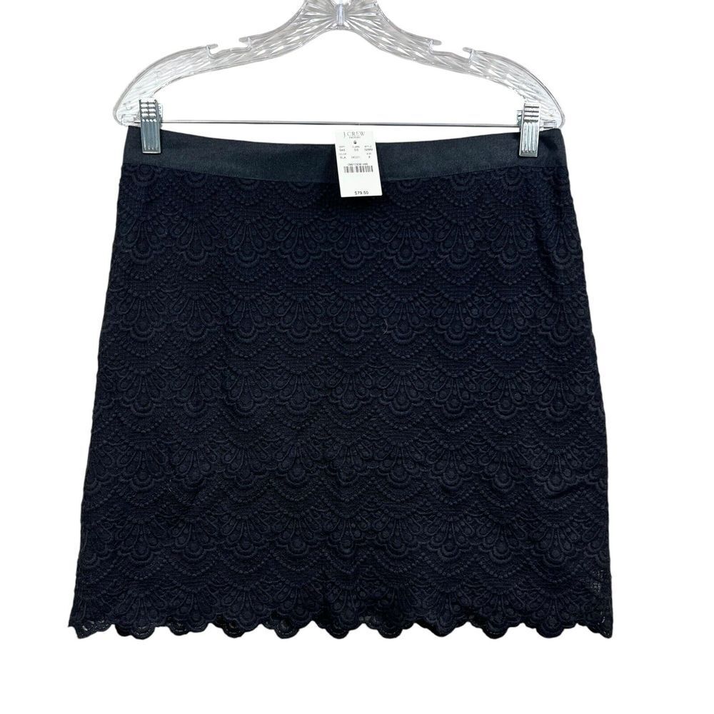 J. Crew Women Skirt Floral Lace Scalloped Hem Ribbon Waist Lined Zip Black Sz 8*